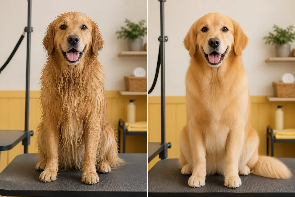 Before and after grooming transformation for a golden retriever