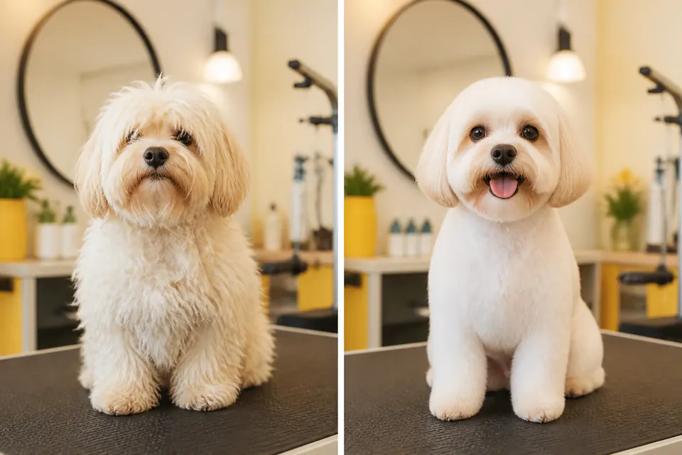 Before and after grooming transformation for a small fluffy dog