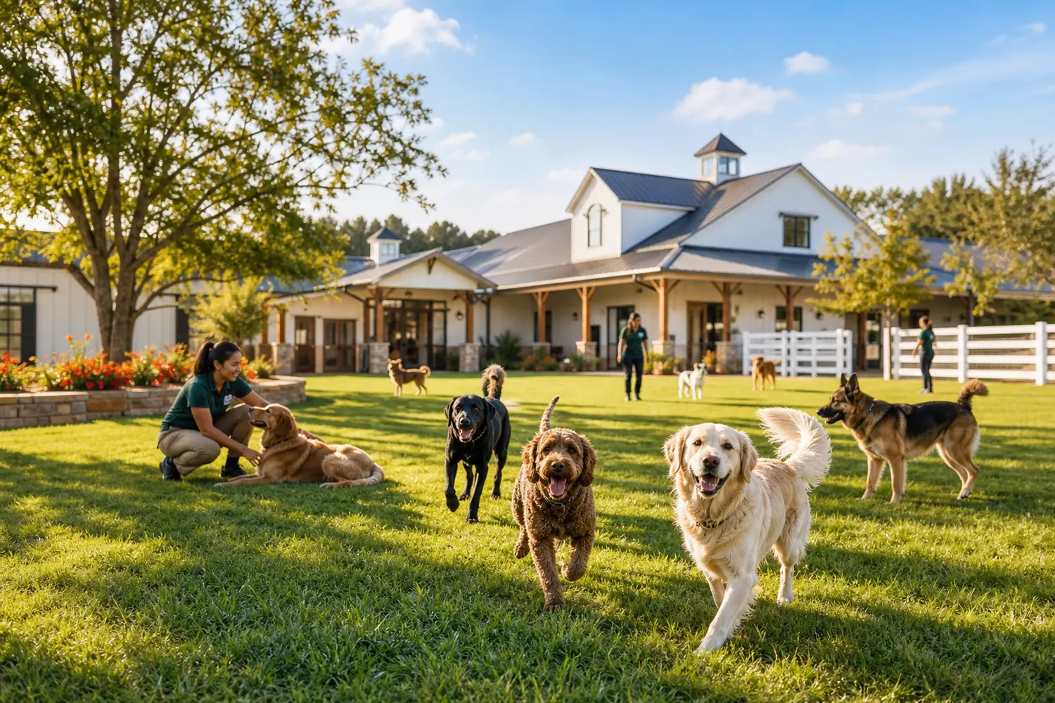 Happy dogs playing on a clean pet farm lawn with caretakers nearby