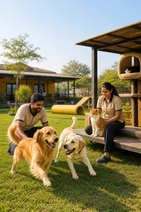 Dogs and cats enjoying supervised care at Jolly Pups Paradise
