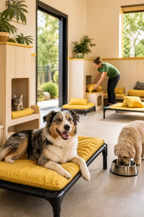 Pets relaxing in a clean long-stay boarding room